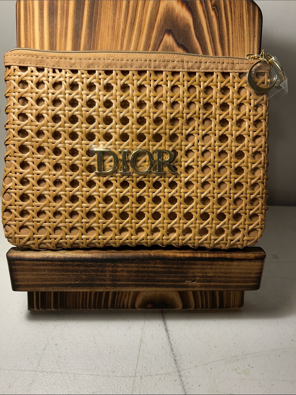 Dior Tan Woven Logo Zip Pouch with Gold Hardware
